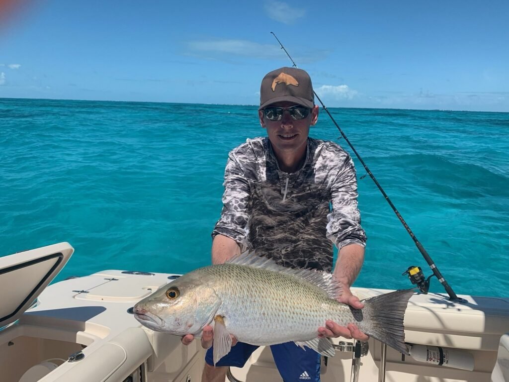 Angler holding large snapper on fishing boat offshore with spinning rod after using live bait conditioned with premium fish food