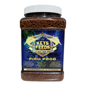 Keys Feeds premium live bait fish food in 48 oz grip jar with resealable lid for pilchards, goggle eyes, threadfin, and crustaceans