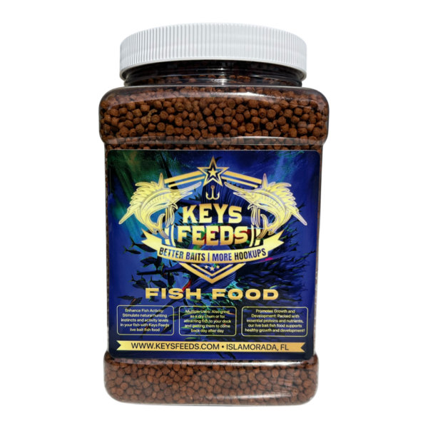 Keys Feeds premium live bait fish food in 48 oz grip jar with resealable lid for pilchards, goggle eyes, threadfin, and crustaceans