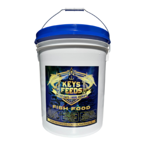 Keys Feeds 5-gallon bucket of premium live bait fish food with resealable gamma seal lid for pilchards, goggle eyes, and bait pens