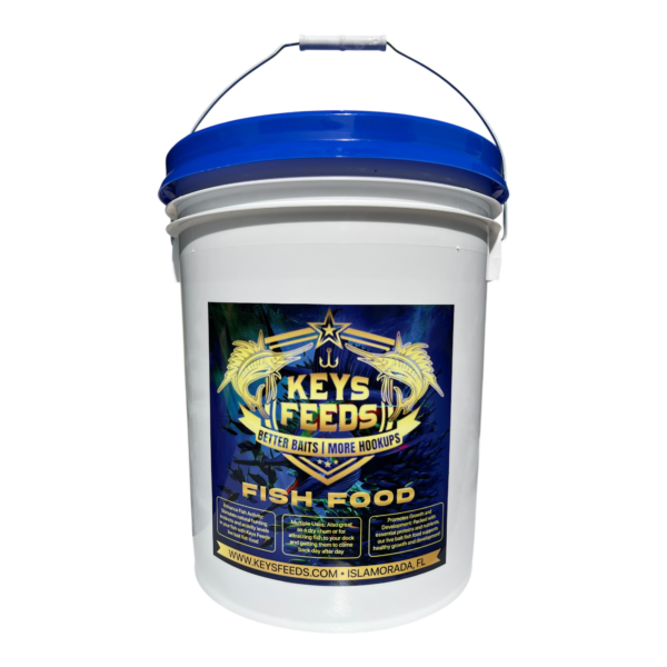Keys Feeds 5-gallon bucket of premium live bait fish food with resealable gamma seal lid for pilchards, goggle eyes, and bait pens