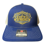 Front view of Keys Feeds Richardson 112 trucker hat with embroidered gold logo and mesh back for anglers and tournament fishermen