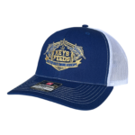 Keys Feeds embroidered Richardson 112 navy and white trucker hat with gold logo for anglers and fishing fans