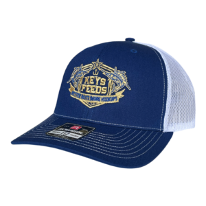 Keys Feeds embroidered Richardson 112 navy and white trucker hat with gold logo for anglers and fishing fans
